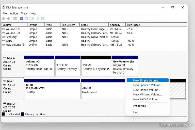 استفاده از Disk Management برای نمایش هارد اکسترنال